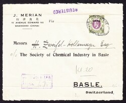 1920    Eingeschriebene Briefvorderseite aus Shanghai nach Basel. ...