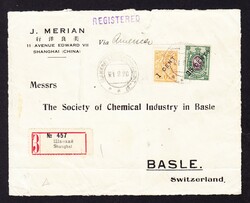 1920 eingeschriebene Briefvorderseite russische Post in Shanghai, 2 ...