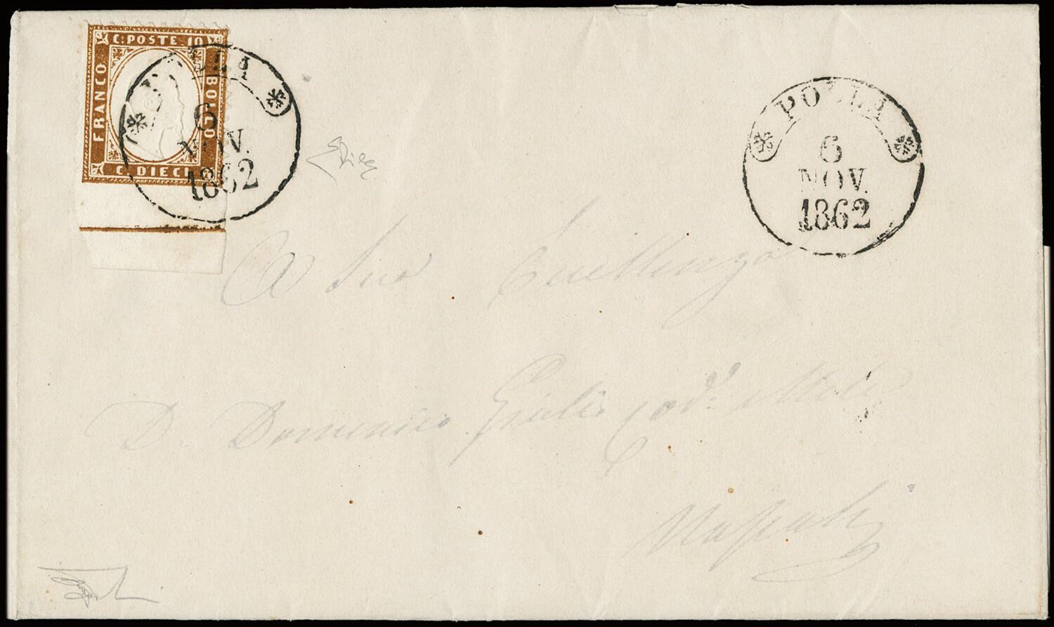 1862 - 10c dark brown lower sheet margin with line of colour from ...
