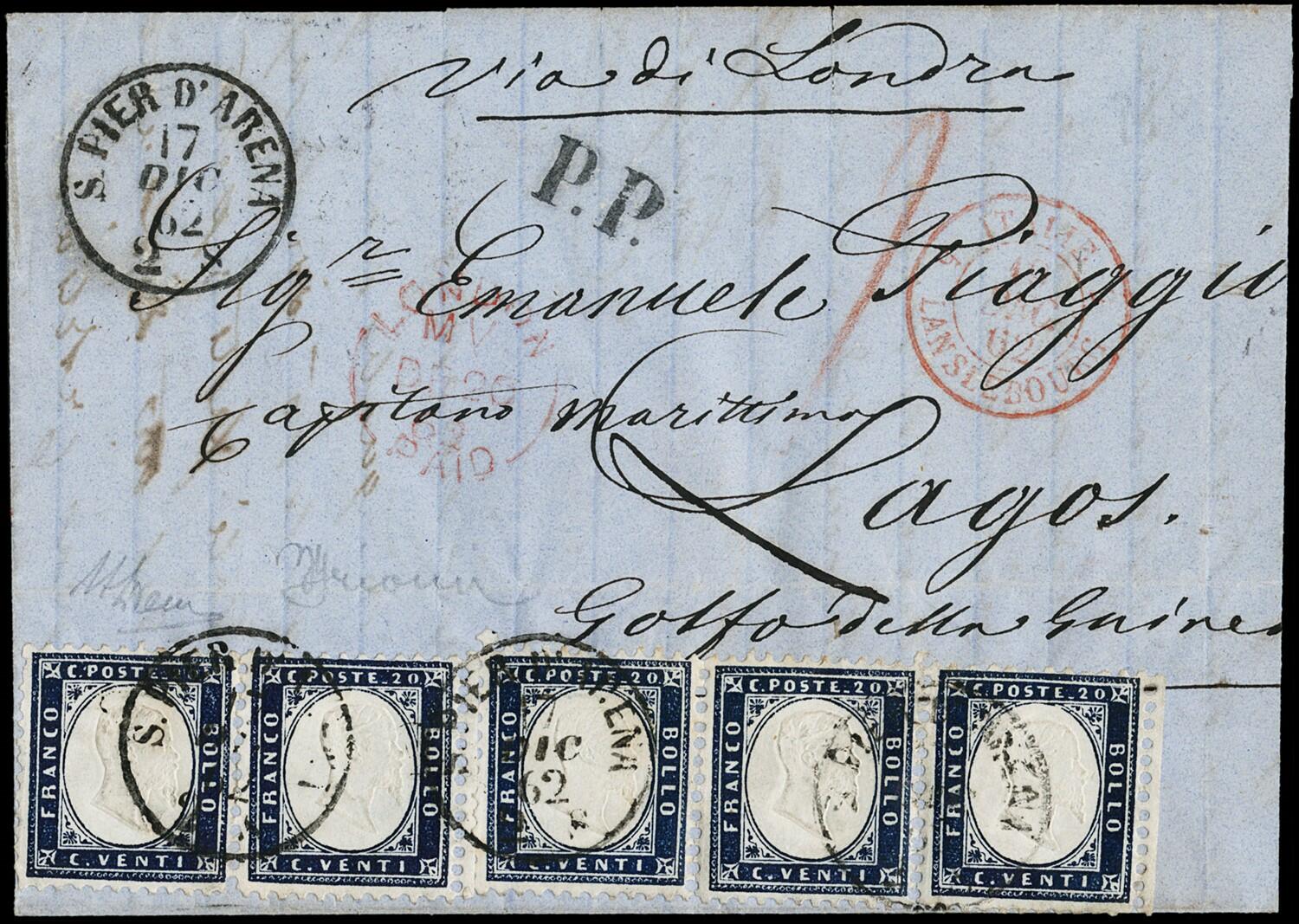 1862 - 20c indigo, BdF pair and ST3 sheet border, from 'S.PIER ...