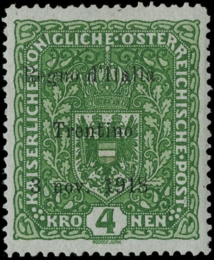 1918 - Trentino Alto Adige - 4k dark green. Cert. Oliva (Sassone 17 - ...
