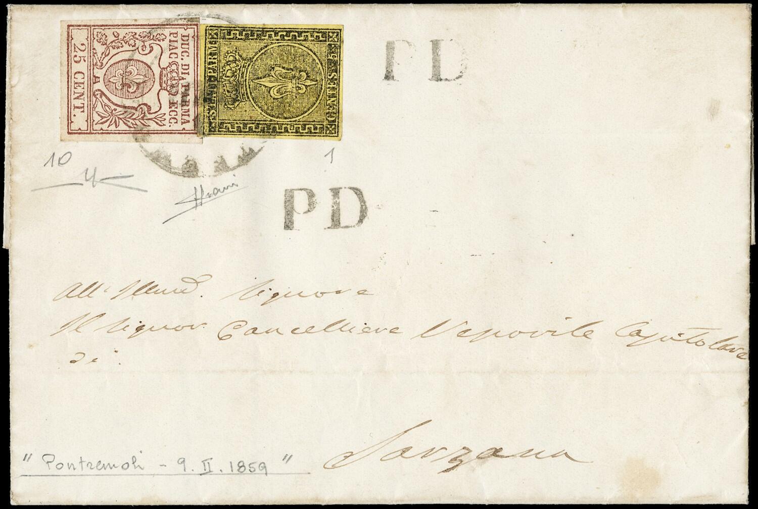 1857 - 5c giallo I emissione e 25c bruno lilla III emissione, da ...