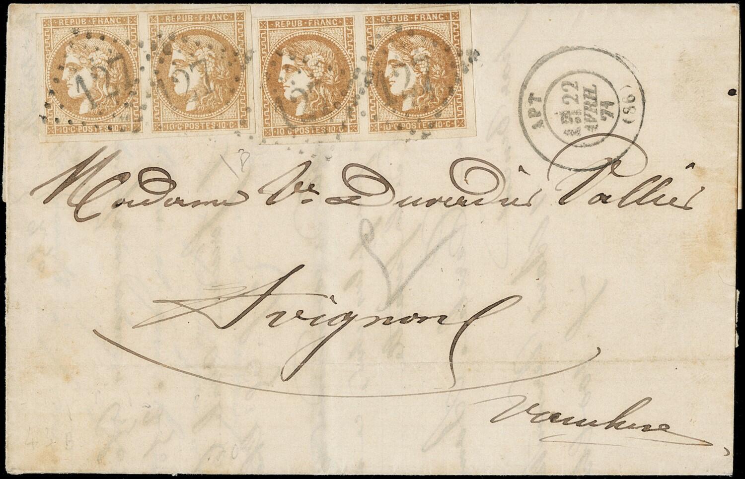 1871 - France: Bordeaux issue, bistre 10c II rep., two horizontal ...