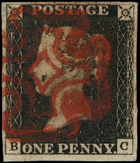 1840 - Great Britain: black 1d 'Penny Black', pos.B-C, canceled red ...