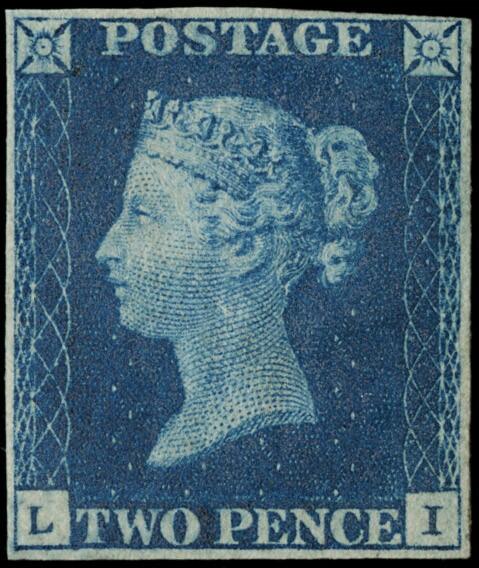 1840 - Great Britain: blue 2d, pos.L-I, four white margins, new with ...