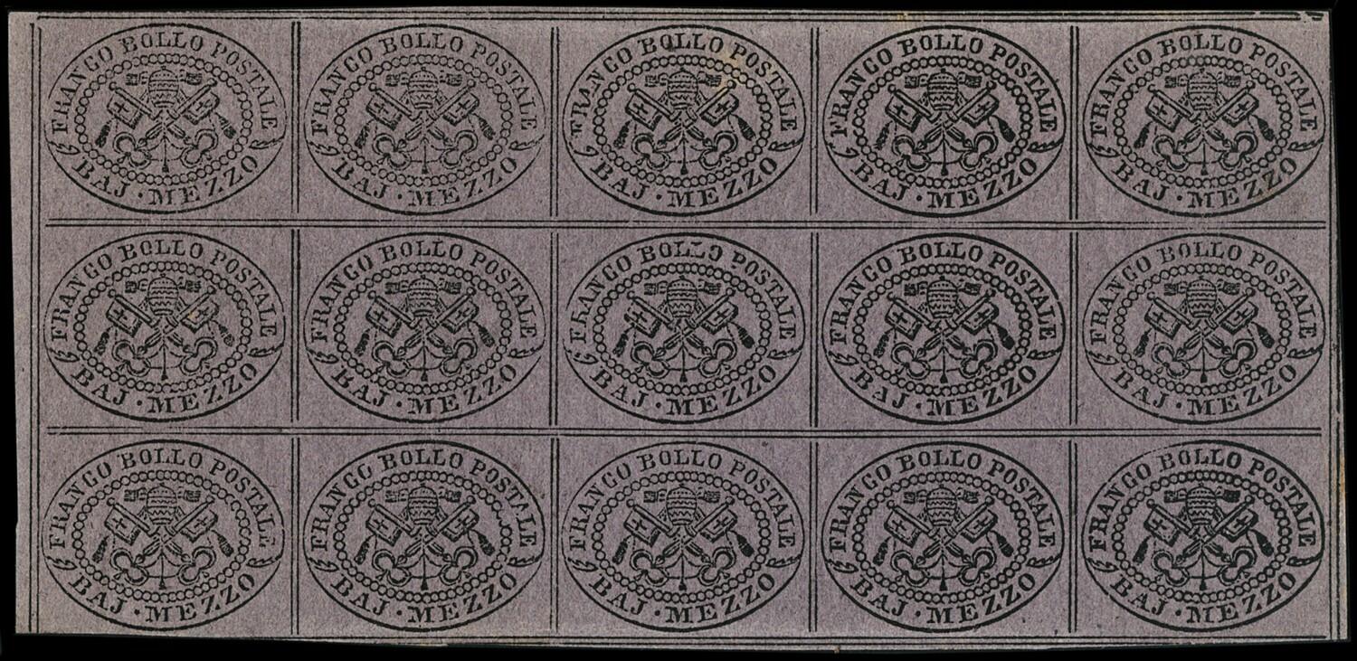 1852 - 1/2 b violetto, blocco di 15. Splendido, due esemplari TL, gli ...