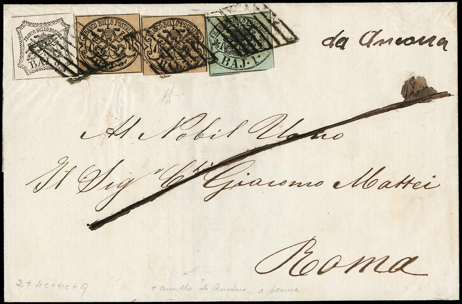 1857 - 1b verde grigiastro, 3b camoscio, due esemplari, e 8b bianco, ...
