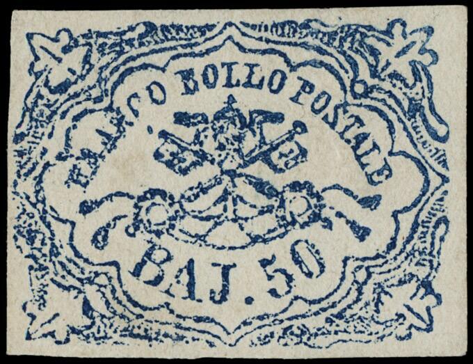 1852 - 50b dark ultramarine, defective printing, wide margins. Rare, ...