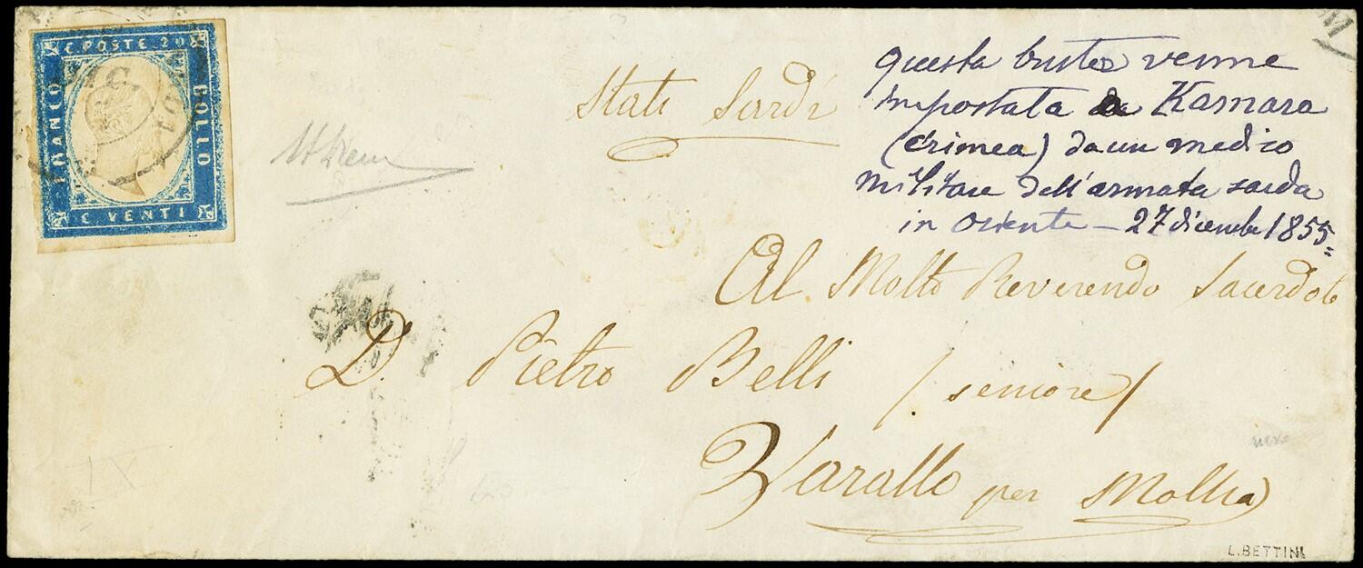 1855 - 20c milky bright cobalt, 4th issue, cancelled 'R. POSTA MIL.E ...