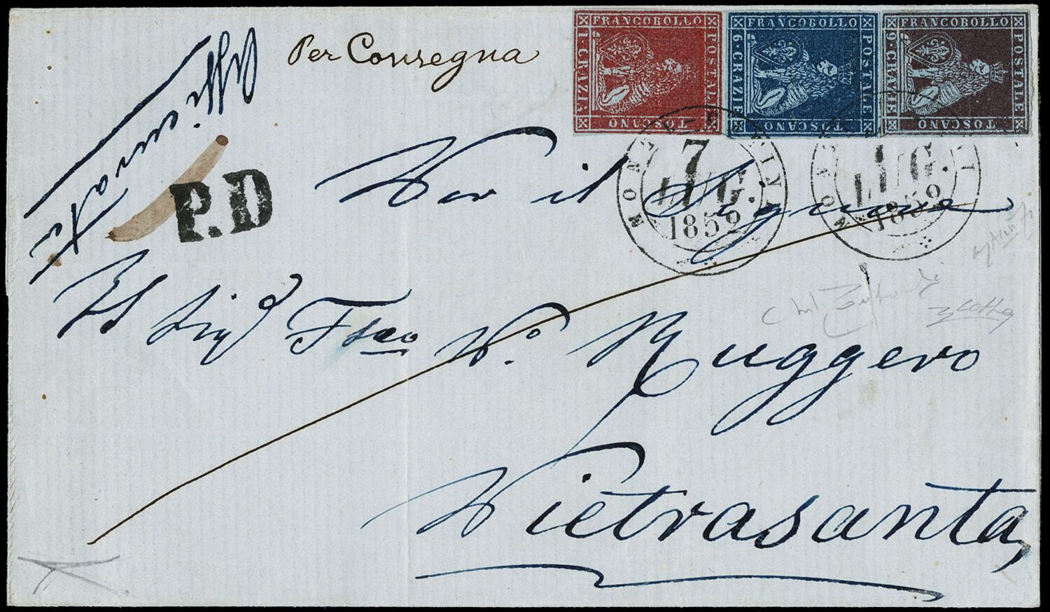 1851 - 1cr carminio violaceo, 6cr azzurro scuro, 9cr viola bruno ...