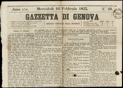 1853 - Newspaper Postage Due: 9c postmark on newspaper “Gazzetta di ...