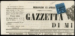 1853 - 9c azzurro su 'GAZZETTA UFFICIALE DI MILANO' del 13 aprile ...