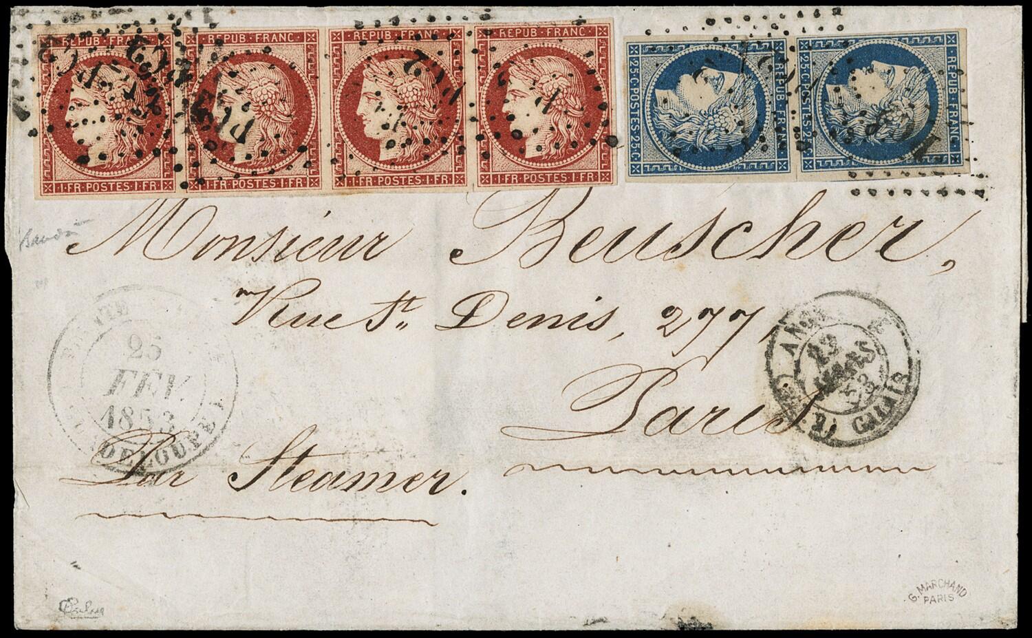 1849 - France: Ceres 25c blue (pair) and 1fr light carmine (block of ...