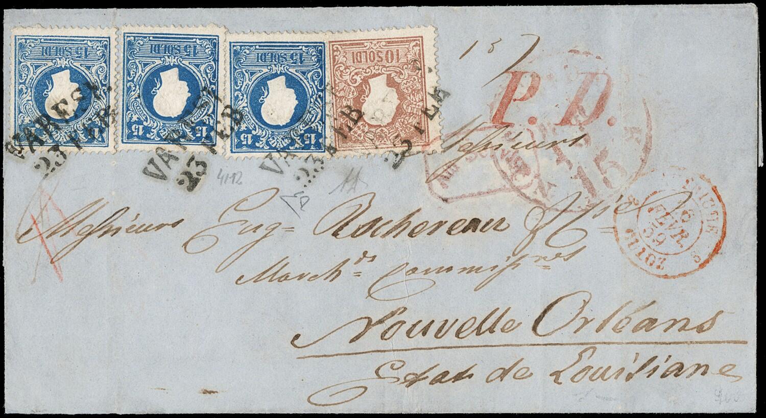 1858 - Lombardy Venetia, 2nd issue, 10s brown and 15s blue, three ...
