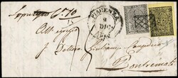 1852 - 5c yellow and 10c white, both sheet corner, canceled with grid ...