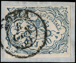 1852 - 50 baj blue, very well margined, with circular cancel of Rome ...