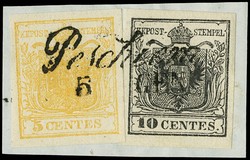  Lombardo Veneto: n.1n, 5c senza punto dopo CENTES e n.2d, 10c nero ...