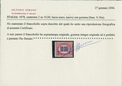 1878 - Regno d'Italia: 2c su 10,00 lacca. Splendido, CF Sorani ...