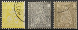 3 Werte sitzende Helvetia 1881, gestempelt mit unprüfbaren ...