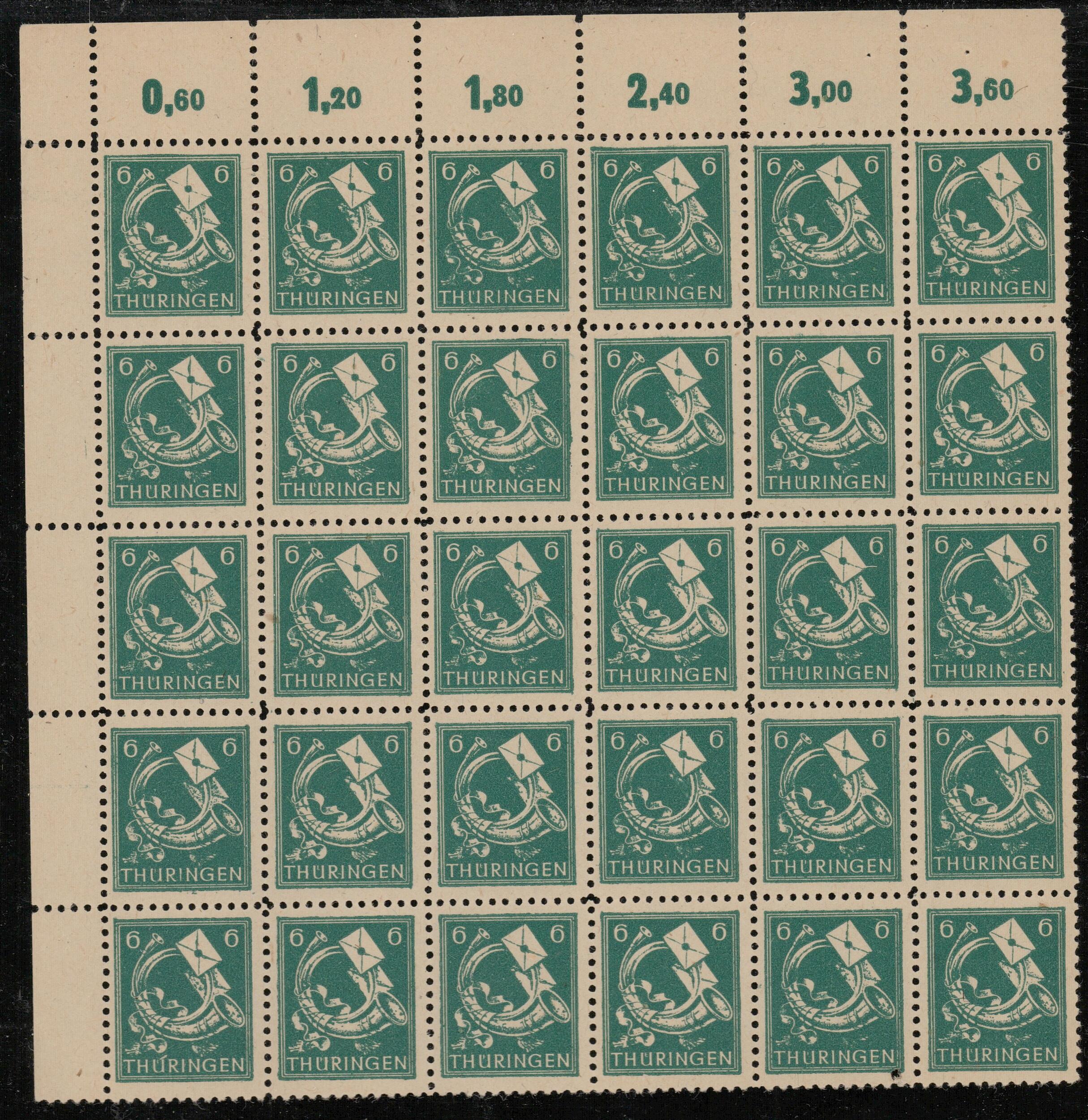 6Pfg. Posthorn 1945, DÜNNES PAPIER, 30er Bogenteil aus der linken ...