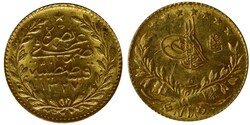 Turkije. 25 Kurush goud 1327 (1909). Muhammad V. K.M.: 752. ZFR+