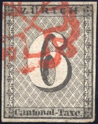 Zurich. 6 Rappen Zumstein no. 2 W (Mi. no. 2 II) used, fine ex. ...