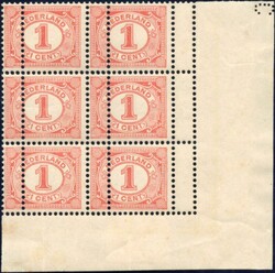 1 Cent nr. 51 in hoekrandblok van 6 met dubbele verticale perforatie. ...