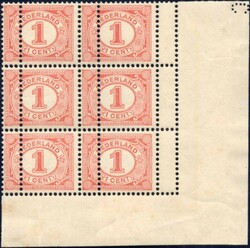 1 Cent nr. 51 in hoekrandblok van 6 met dubbele verticale perforatie. ...