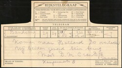 Telegram van Bandoeng Kampementstraat 8 verzonden d.d. 20.1.1945 naar ...
