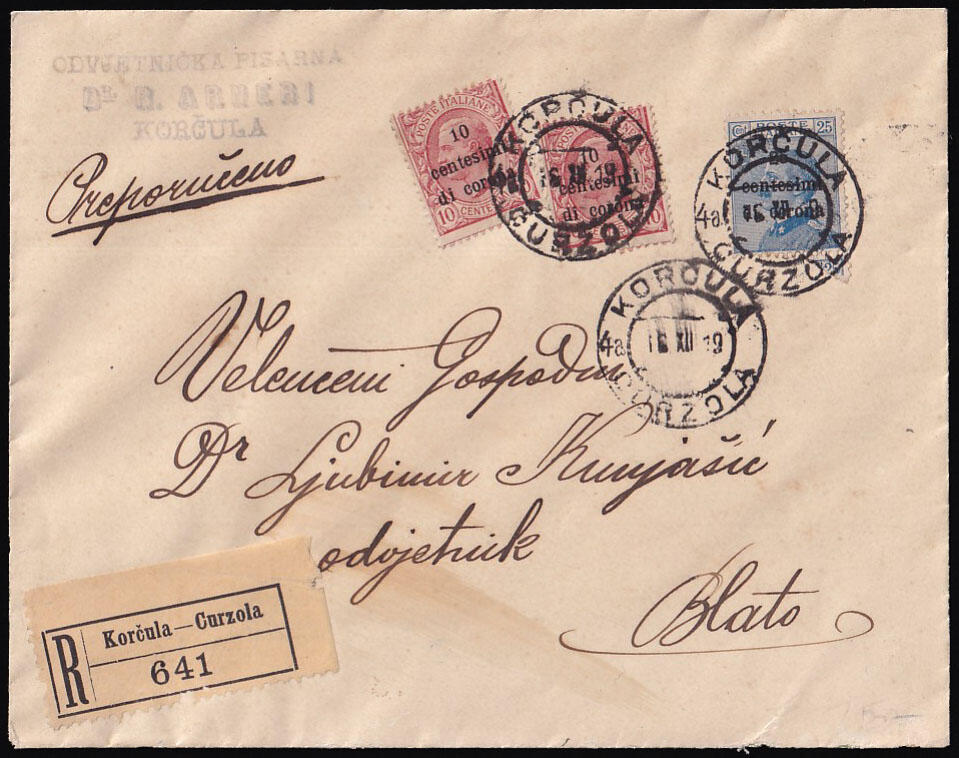 Letter sent by registered mail from Korčula to Blato (on Korčula) ...