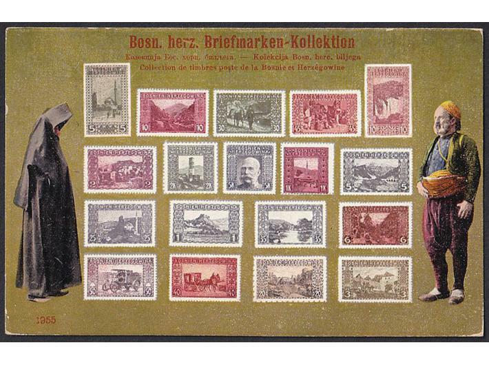 Bosna, marke na razglednici 1909. #/A-B
