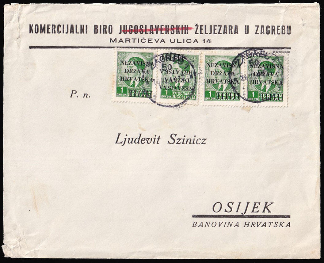 Letter sent from Zagreb to Osijek 14.06. 1941. Accurately franked for ...