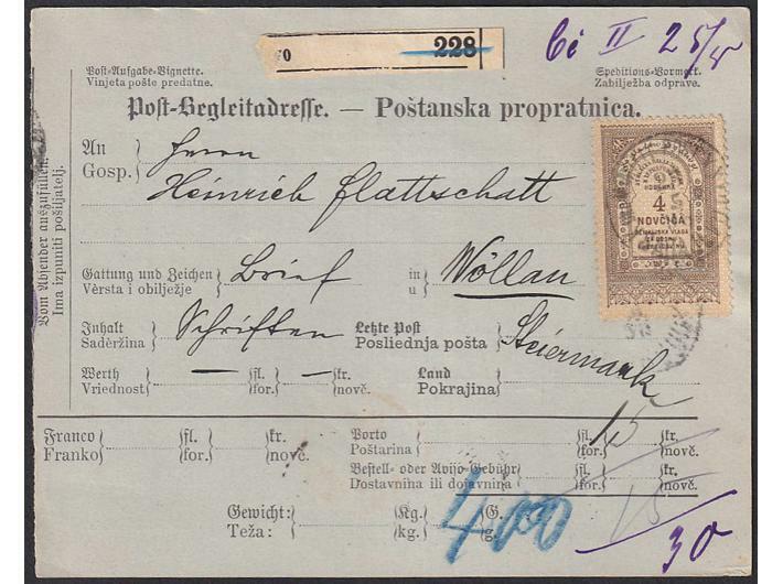 Parcel card sent from Sarajevo to Wollan, Austria 23.05. 1898. ...