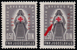 Red Cross Surcharge Issue 1952. Din. 0.50 stamp with constant flaw ...