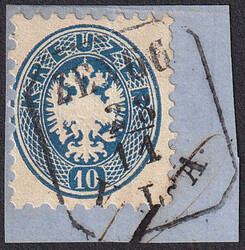 Austria 10 kr, 1864 on fragment cancelled with cancel ZARA V.L.A. 23 ...