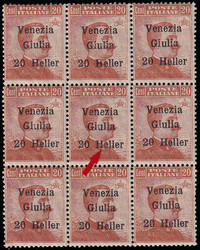 Block of nine of 20 heller, middle stamp with error of overprint 'I ...