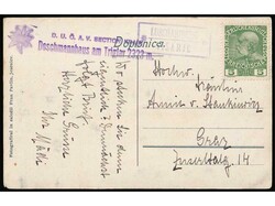 Postcard of Aljažev dom sent from postal agency VIŠARJE to Graz. ...