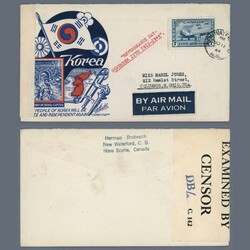 1944 Canada - Occasional propaganda censored airmail cover "Korea ...