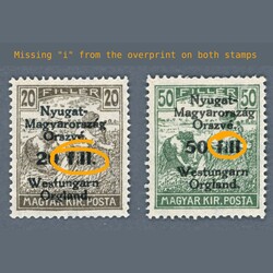 1921 Hungary - Western-Hungary V. - on the 20, 50 filller stampsthe ...