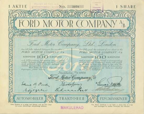 Ford Motor Company A/B, Nennwert NA 1 x 100 Kronen. Stockholm, 15.06 ...