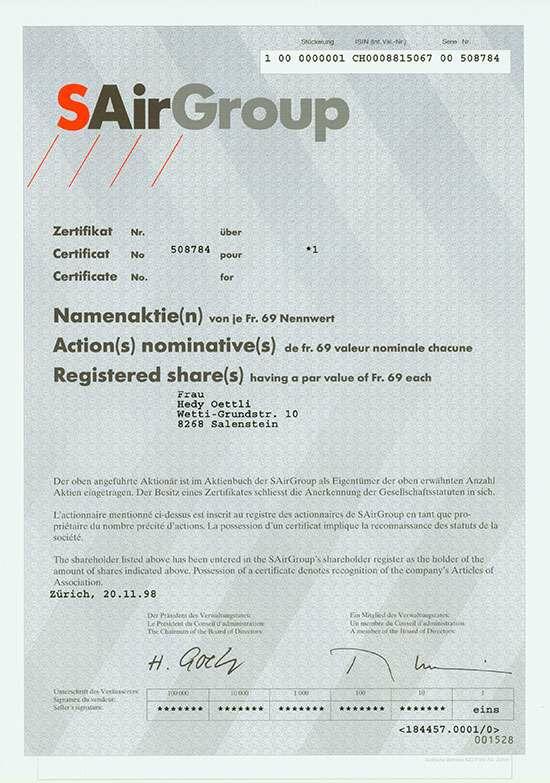 SAirGroup, Nennwert NA 69 Franken. Zürich, 20.11.1998, Namensaktie ...