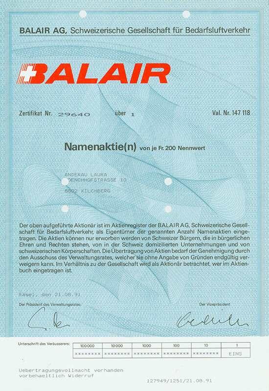 BALAIR AG, Schweizerische Gesellschaft für Bedarfsluftverkehr, ...