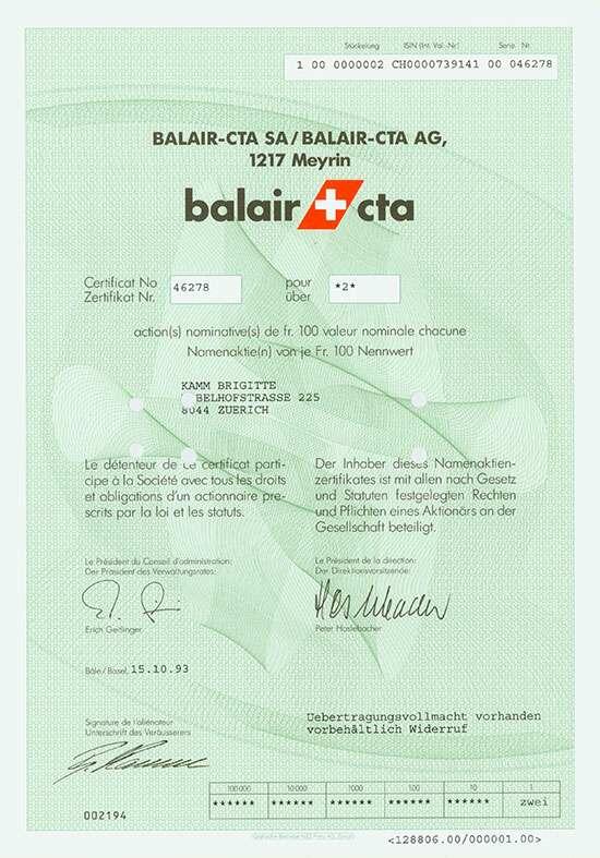 BALAIR-CTA AG / BALAIR-CTA SA, Nennwert NA 2 x 100 Franken. Basel, 15 ...