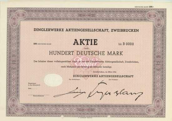 Dinglerwerke AG, Nennwert 100 DM. Zweibrücken, März 1954, Muster ...
