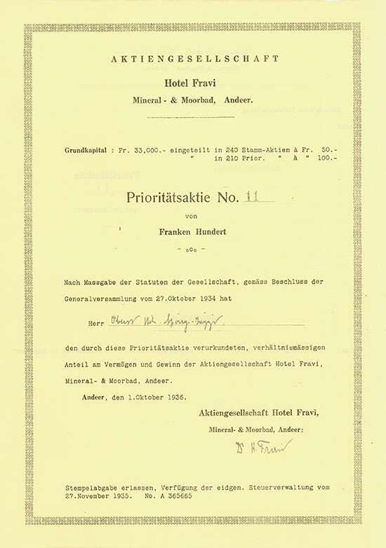 Aktiengesellschaft Hotel Fravi, Mineral- & Moorbad, Andeer, Nennwert ...