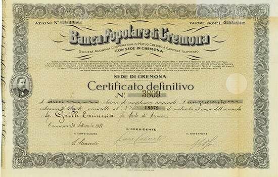 Banca Popolare di Cremona, Nennwert 10 x 50 Lire. Cremona, 30.09.1928 ...