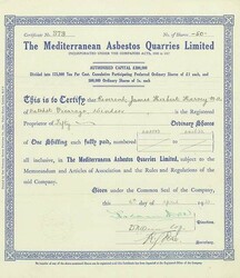 Mediterranean Asbestos Quarries Limited, Nennwert Ord. 50 x £ 0.1.0. ...