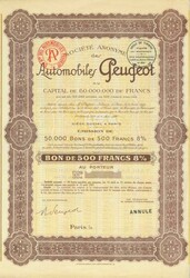 Société Anonyme des Automobiles Peugeot, Nennwert 500 Francs. Paris ...