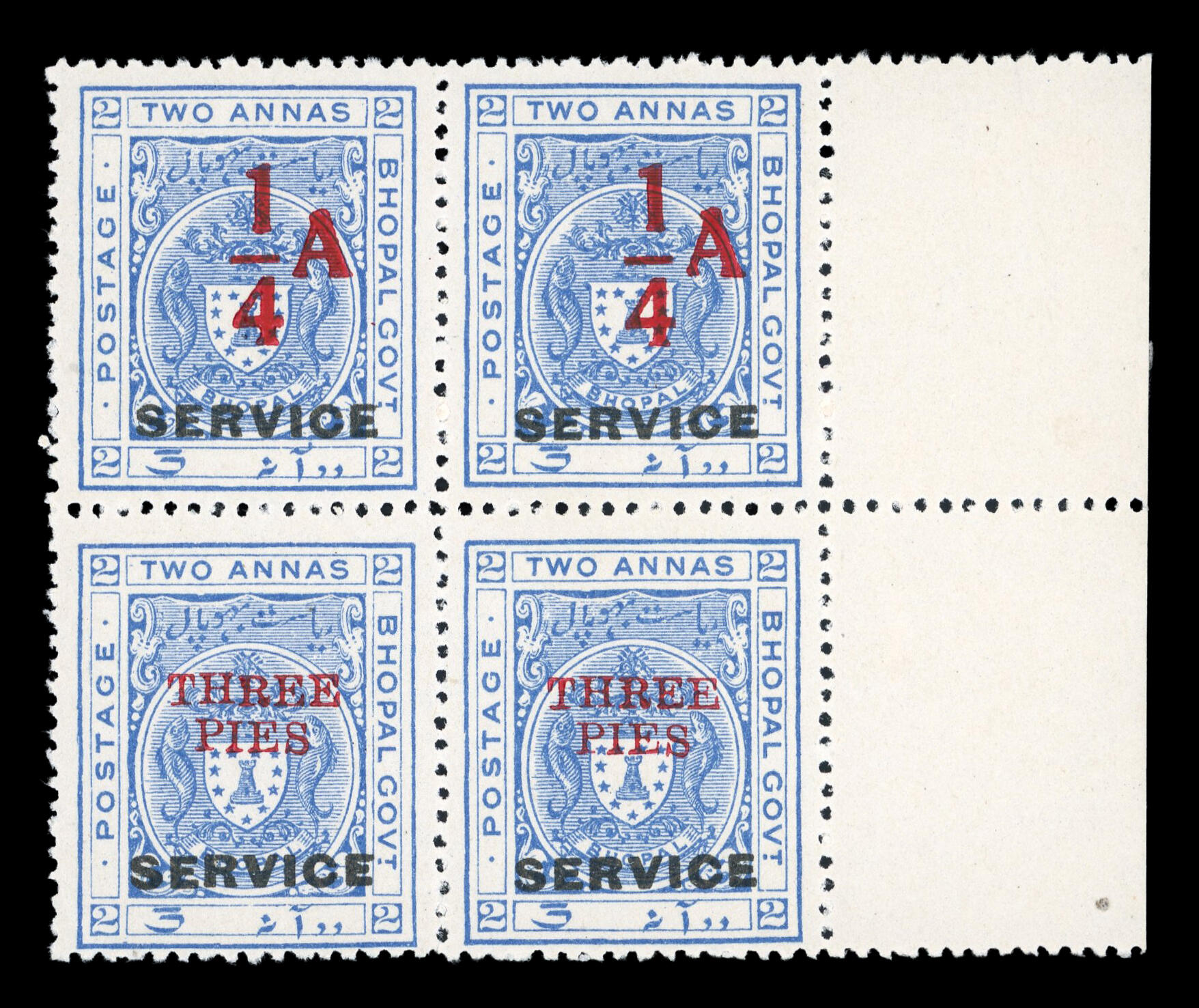 1935 Officials ¼ and 3 pies surcharges in vertical pairs on ½ anna ...