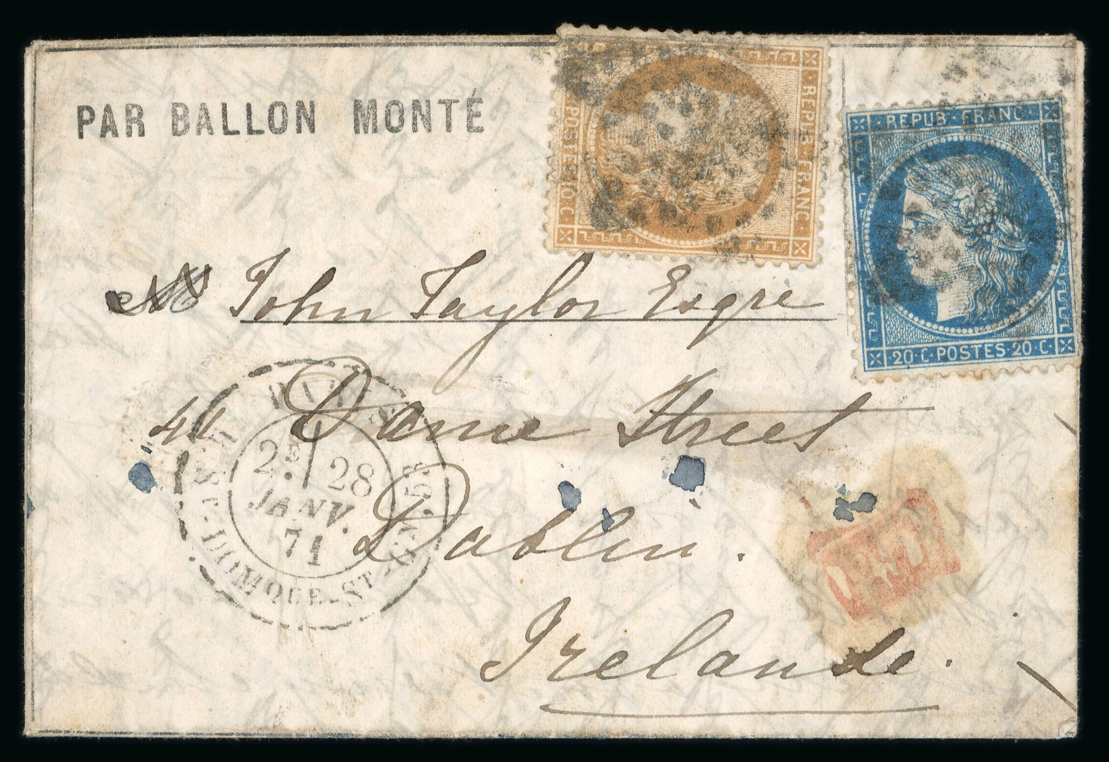 Ballon Post to Ireland 1871 (28.1) Small neat printed entire PAR ...